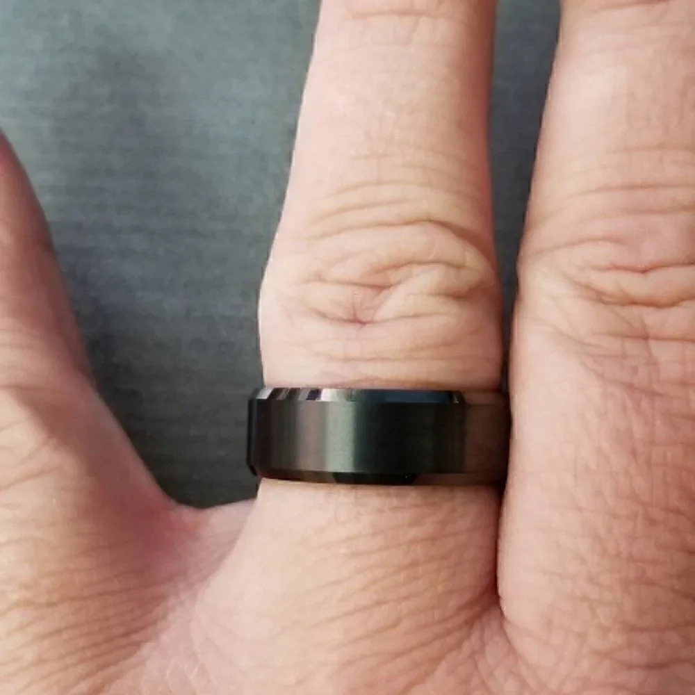 Engraved Men's Real Matte Black Tungsten Wedding Ring  Durable Black Powder Coat